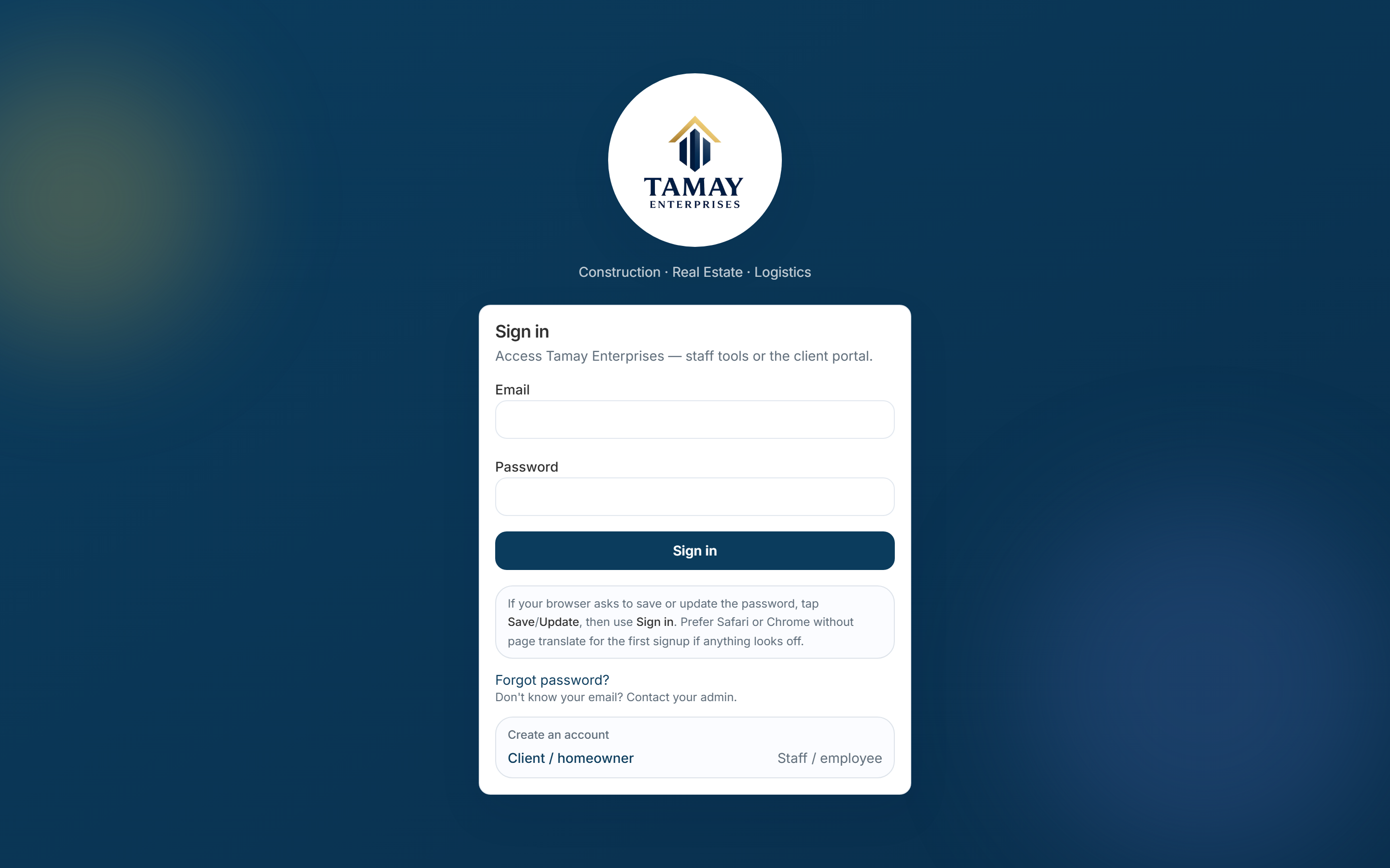 Tamay Enterprises Management System sign-in page with company logo, staff and client access, and create-account options